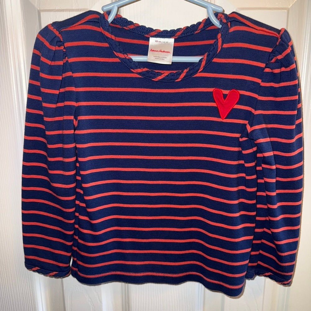 Hanna Andersson Heart-Patch Striped‎ Tee Size 90/ 3T
